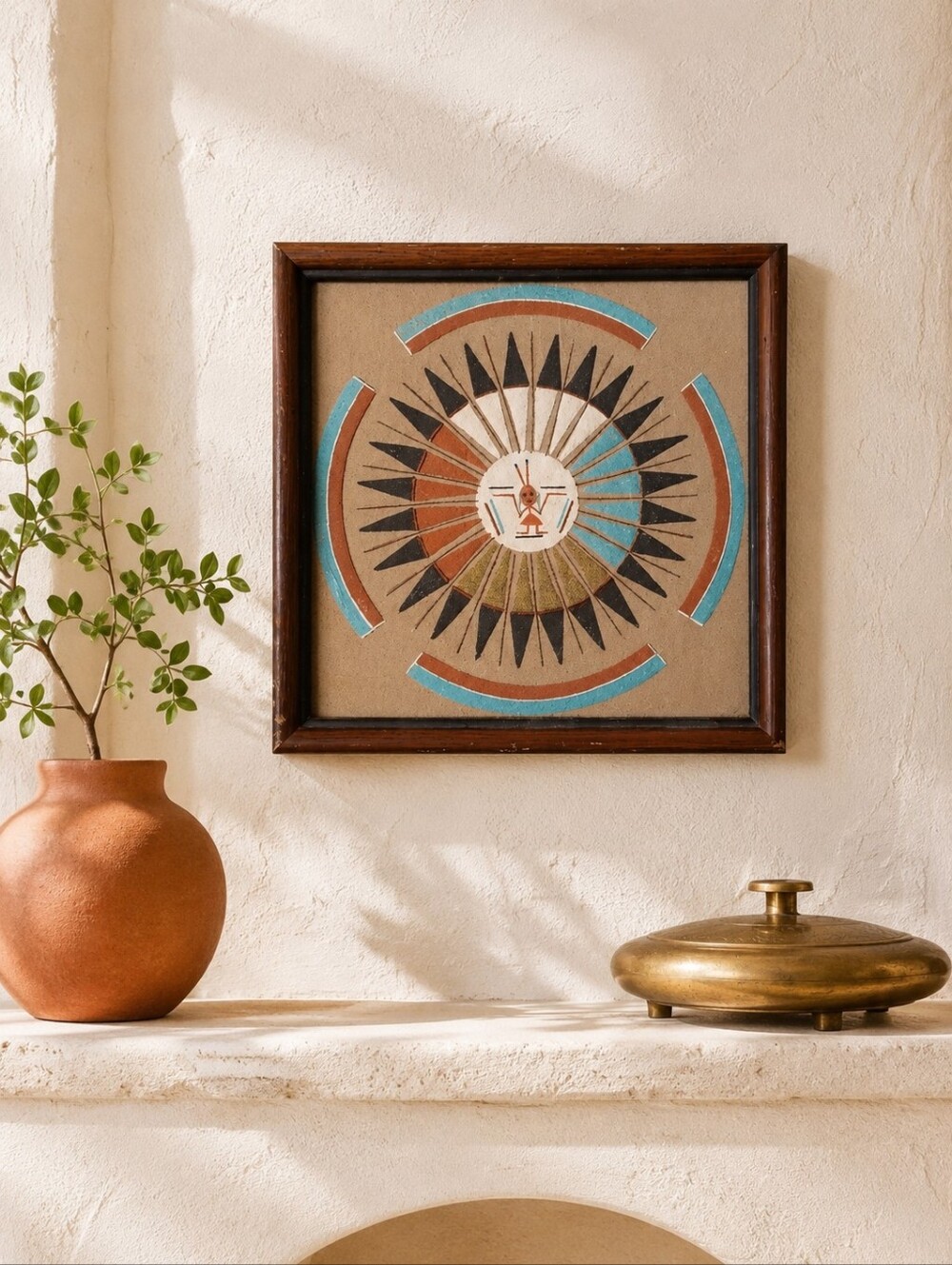 Vintage Diné Navajo Sun & Eagle Sand Painting Turquoise Framed 9"